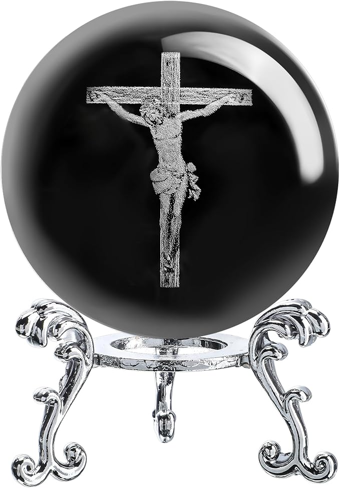 60mm 3D Glass Laser Etched Cross Jesus Crystal Ball with Stand Jesus Crucifixion Scene Figurine Crystal Cross Jesus Easter Decoration for Christianity Catholic