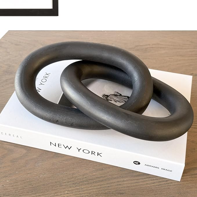 Wood Chain Link Decor – 13” Black Wooden Decorative Object for Coffee Table Decor & Neutral Decor for Home – Modern Knot Accent for Shelf Styling, Books, or Housewarming Gifts