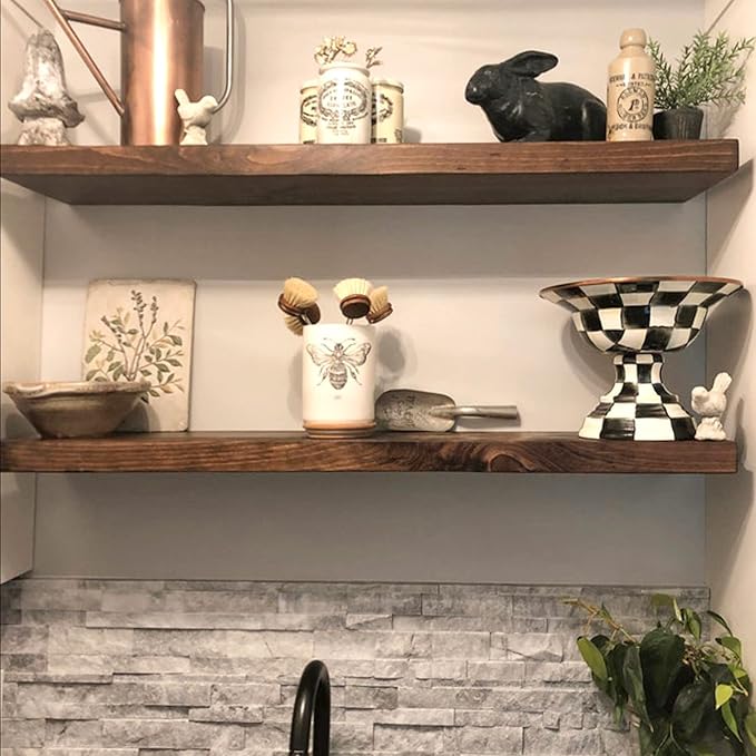 URBANDI, Rustic Floating Shelves, Set of 2, Hidden Bracket, Solid Wood, Heavy Duty, Wall Mounted Shelves, (Provincial, 12Wx10D)