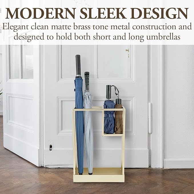 MyGift Modern Brass Tone Metal Entryway Umbrella Rack with Geometric Design, 13 x 5-inch Wide Rectangular Freestanding Cane Umbrella Holder with Shelf for Small Umbrellas and Bottom Drip Catch Tray