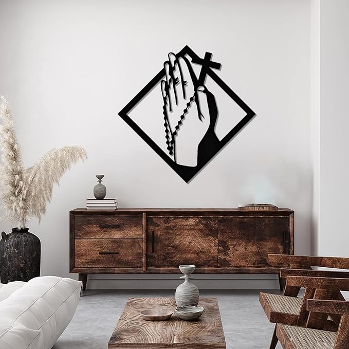 Praying Hands Wall Art Metal, Metal Crosses Wall Decor, Prayer Hands Wall Decor, Wall Crosses for Home Decor, Serenity Prayer Wall Art, Wall Decor Living Room, Wall Decor for Bedroom (35"x35"/90x90cm, Silver)