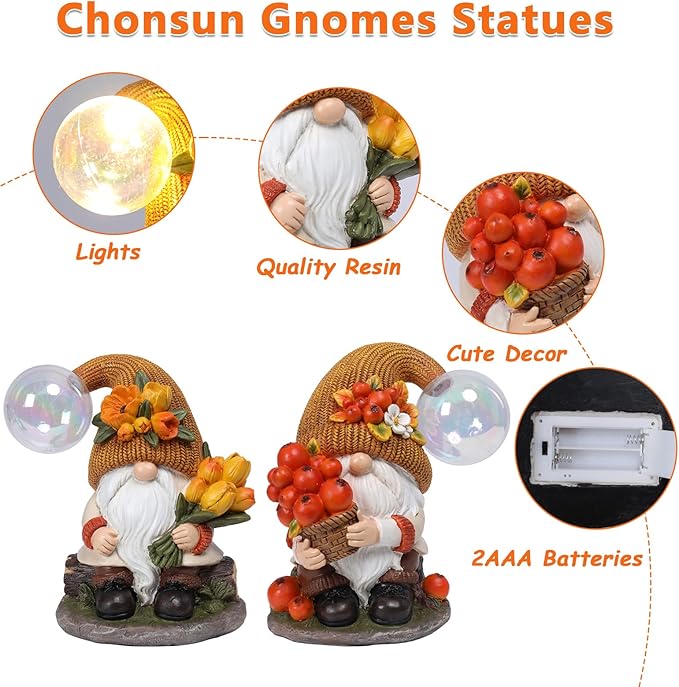 2PCS Garden Gnomes Statues Fall Gnome Decorations Outdoor Indoor Figurines Lights Fairy Garden Thanksgiving Home Decor