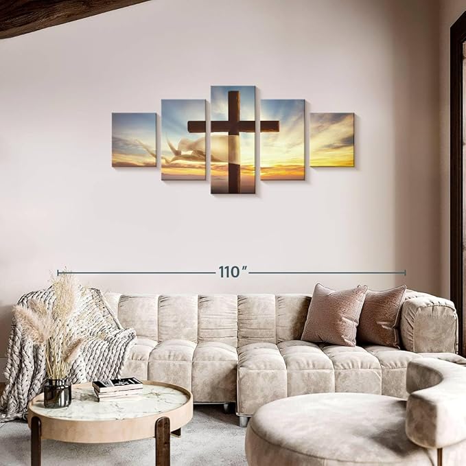 Elephant Stock Holy Cross Wall Art Multi Piece Canvas - 5 Panel Christian Pictures Decor - Digital Design Canvas Print - Christian Wall Decor - 74" X 34"