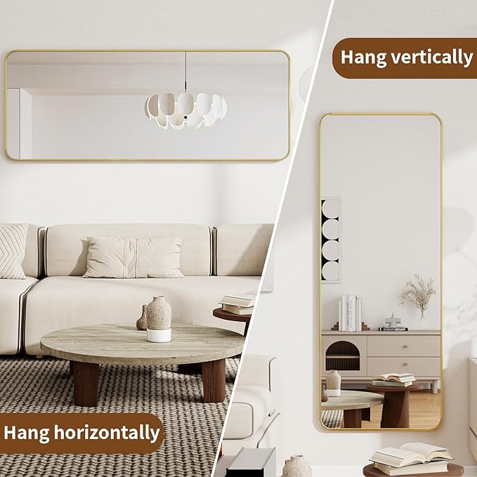 BEAUTYPEAK Full Length Mirror, 66"x23" Rounded Corner Floor Mirror Standing Hanging or Leaning Against Wall, Suitable for Dressing Room or Bedroom, Gold