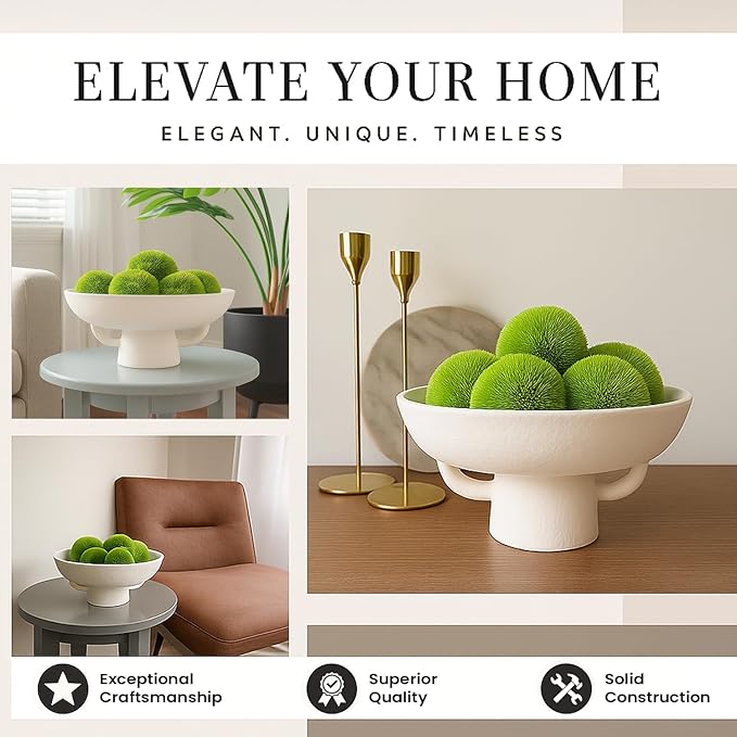 Luxurious White Textured Ceramic Bowl and Greenery Set,12.5x10.5 Inch Pedestal Decorative Bowl, with 6 Green Succulent Moss Balls, Counter Top, Farmhouse Table Centerpiece, Living Room, Kitchen Decor