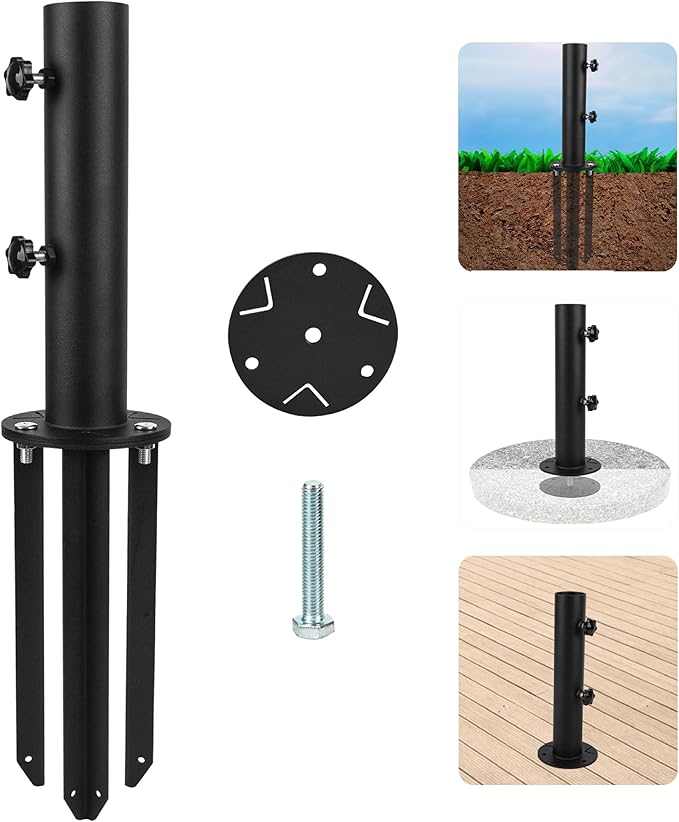 Patio Umbrella Base Stands Multifunctional Outdoor Umbrella Holder, In Ground Umbrella Base with Ground Spike Fixing,Deck Umbrella Mount for Lawns,Granite,Concrete,Deck,Many Ways Installation