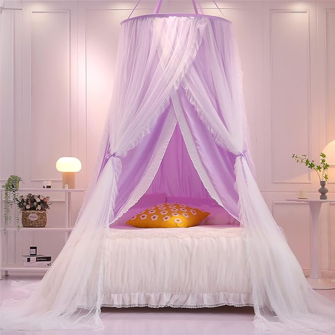 VETHIN Double Layer Princess Round Dome Canopy Bed Curtain for Girls Adults,Children Dreamy Mosquito Net,Cute Bedroom Decoration Castle Play Tent Reading Nook Canopies(Dome-Purple/White)