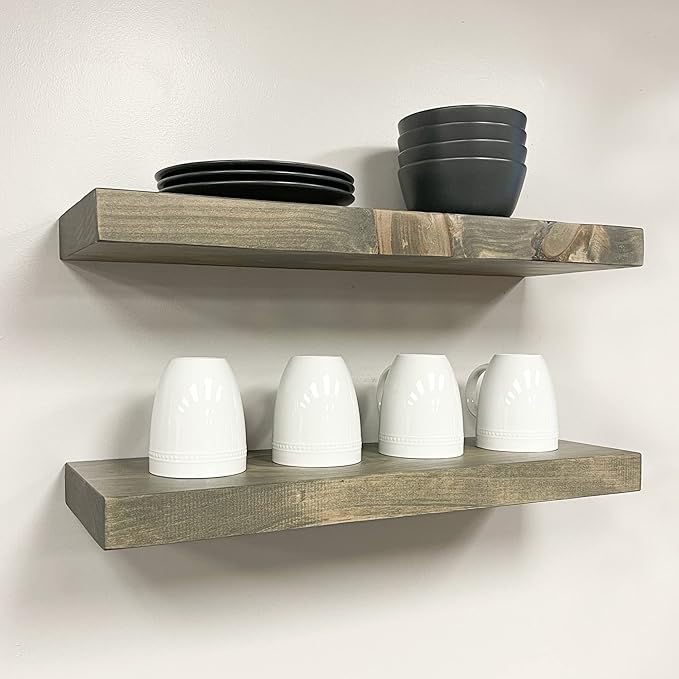 URBANDI, Rustic Floating Shelves, Set of 2, Hidden Bracket, Solid Wood, Heavy Duty, Wall Mounted Shelves, (Grey, 48Wx10D)