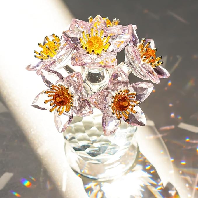 Pink Crystal Flower Ornament with Base Flower Figurine Collections Glass Flowers Bouquet Gift for Women Crystal Christmas Decoration for Home