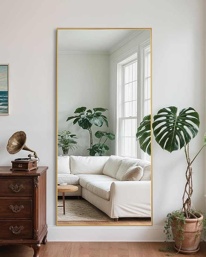 Full Length Mirror, 71"x26" Oversized Floor Mirror Freestanding, Full Body Mirror Floor Standing Mirrors with Stand, Hanging Mounted Mirrors for Bedroom Living Room, Gold, Rect Style