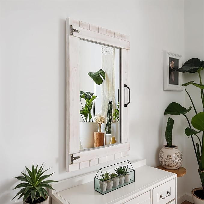 Oakrain Farmhouse Mirror, 24x32 Inch Distressed White Wood Frame with Black Metal Hinges, Rustic Wall Mirror for Bathroom, Living Room, Entryway, Bedroom