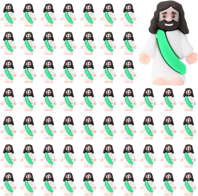 Bememo 100 Pcs Jesus Toys Original Design Mini Rubber Little Jesus Figurine to Hide and Seek Religious Party Favors Sunday School Craft Baptism Gifts for Easter Egg Stuffers(Green)