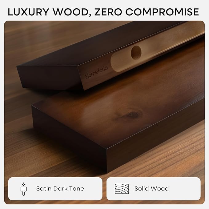 Homeforia Walnut Floating Bathroom Shelves, High End Solid Real Wood 16 inch Small Floating Shelf for Wall Mounted, Dark Brown 16inch Floating Shelves, Heavy Duty Bracket, 16 X 6.5 X 1.75 in, Set of 2