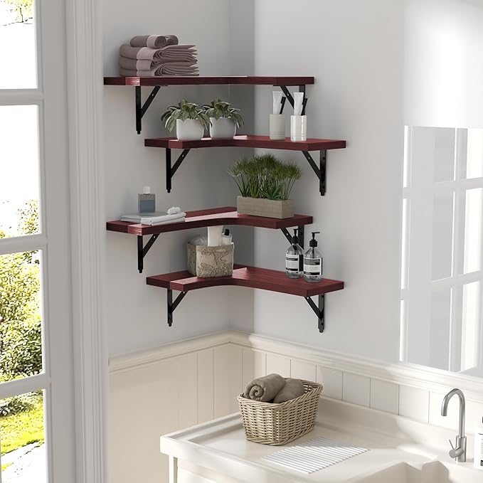 Corner Floating Shelves Wall Mounted Set of 4, Rustic Wood Storage Display Wall Shelves for Home Decor, Bathroom, Kitchen, Bedroom, Living Room, Office (Red)