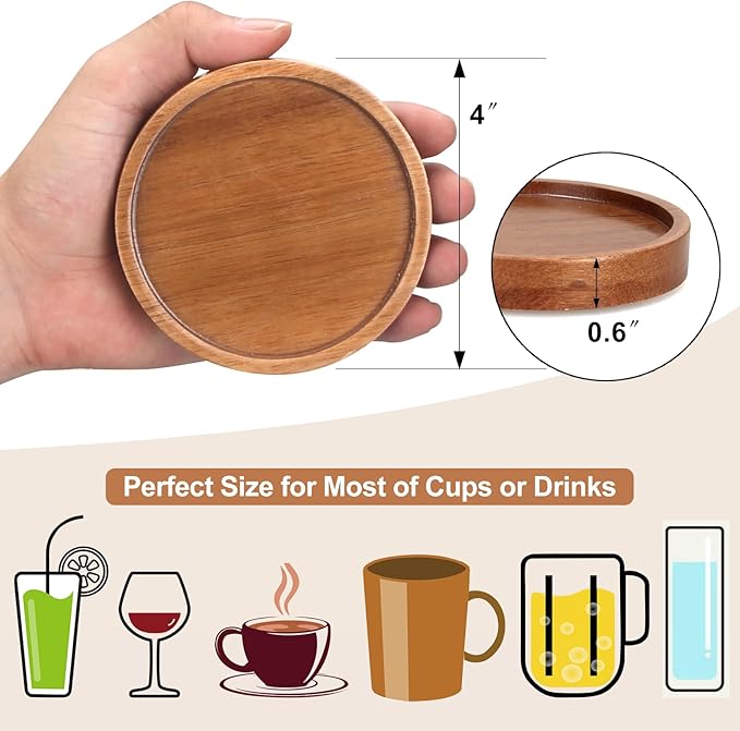6 Pcs Best Wooden Coasters with Holder Coffee Table Decor Acacia Wood Coaster Set Modern Cup Coaster for Drink Home Dining Table Kitchen Accessories Cute Beer Bar Decorative Rustic Outdoor Coasters