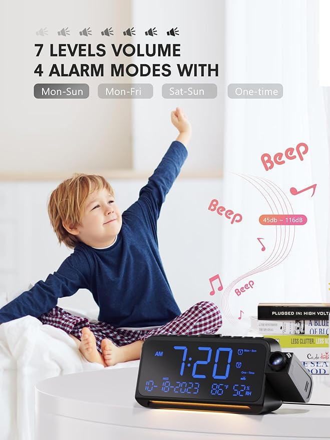 Mesqool Projection Alarm Clock for Bedroom Ceiling, Digital Clock Projector with Weekday/Weekend Mode, Date, Temperature, Humidity, Type-C USB Charger, Snooze, Dual Alarms, Dimmer,12/24H