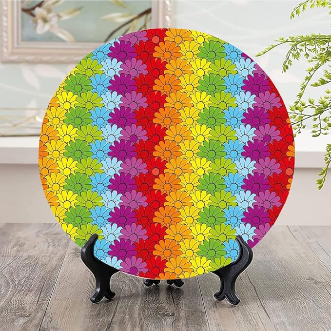 Ceramic Plates, Floral Decorative Ceramic Plates, Vibrant Flowers in Rainbow Colors Striped Repeating, 6 Inch, Household Plates Decorative, Multicolor