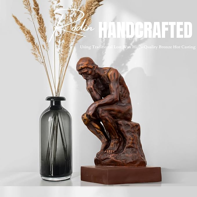 【9.5" Pure Bronze Statue】 The Thinker Bronze Statue Rodin Sculpture Ornament for Home Office Decor Famous Art Craft Collection
