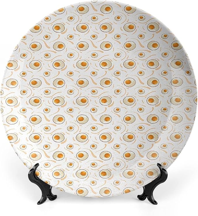 Ceramic Display Plate, AST Food Ceramic Hanging Decorative Plate, Pattern with Fried Eggs Healthy Protein, 7 Inch, Living Room Kitchen Decoration Household, Marigold Peach Cream