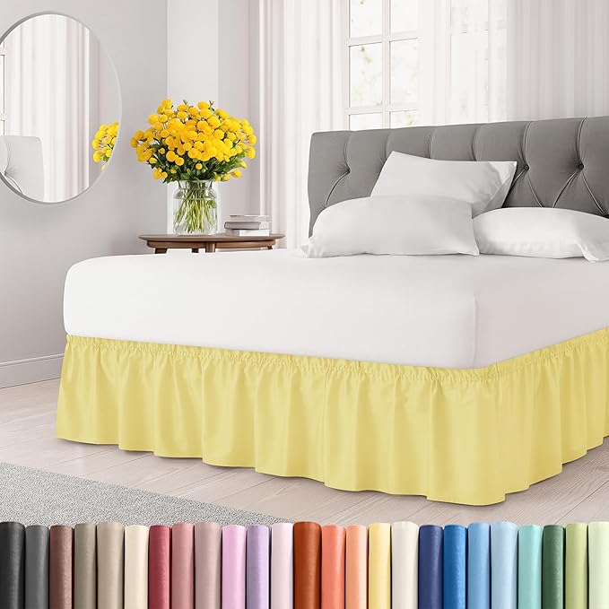 Wrap Around Dust Ruffle Bed Skirt - Yellow - for Queen Size Beds with 18 Inch Drop - Easy Fit Elastic Strap - Adjustable Pleated Bedskirt w/Brushed Fabric Wrinkle Free - for Women, Men, Kids & Teens