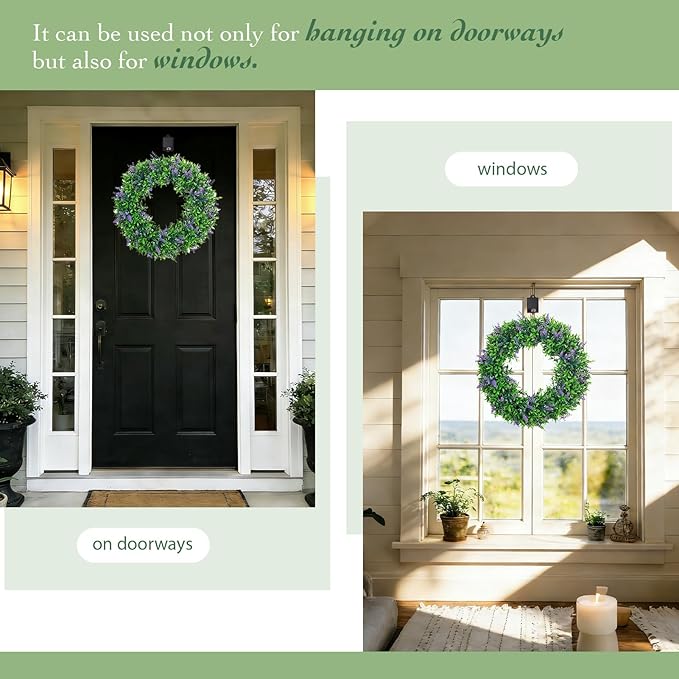 Solar Spring Wreath 16inchWreath for Front Door Pre-lit 30LED Spring Summer Decor for Outside Artificial Eucalyptus Lavender Wreath with Colorful Lights for Door Wall Farmhouse Decor