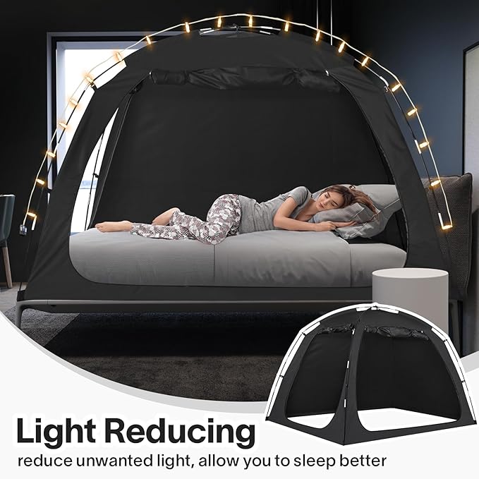EighteenTek Bed Canopy with Lights, Sleeping Dream Twin Bed Tent, Portable Cottage Drafty Room Blackout Breathable Privacy Big Indoor Tents for Girls & Boys Bedroom Decor, Black