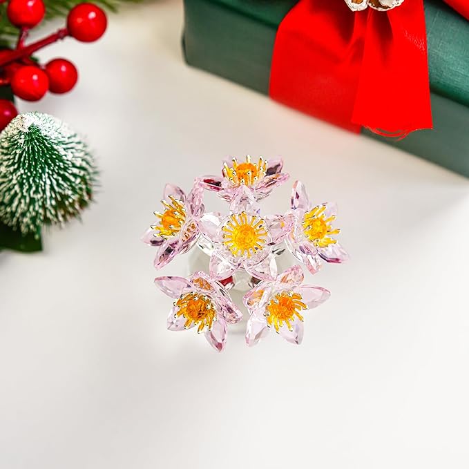 Pink Crystal Flower Ornament with Base Flower Figurine Collections Glass Flowers Bouquet Gift for Women Crystal Christmas Decoration for Home