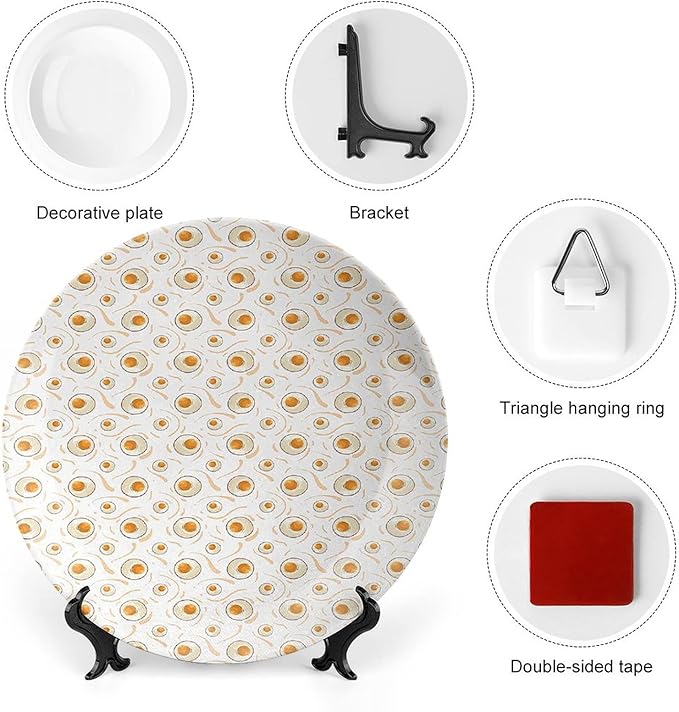 Ceramic Display Plate, AST Food Ceramic Hanging Decorative Plate, Pattern with Fried Eggs Healthy Protein, 7 Inch, Living Room Kitchen Decoration Household, Marigold Peach Cream