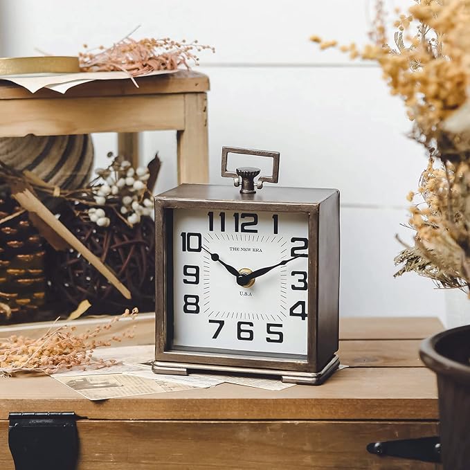 NIKKY HOME Vintage Silent Non-Ticking Table Clock, Shelf Desk Top Clock Battery Operated, Retro Home Decor for Living Room Mantel Desktop Countertop, Antique Brown