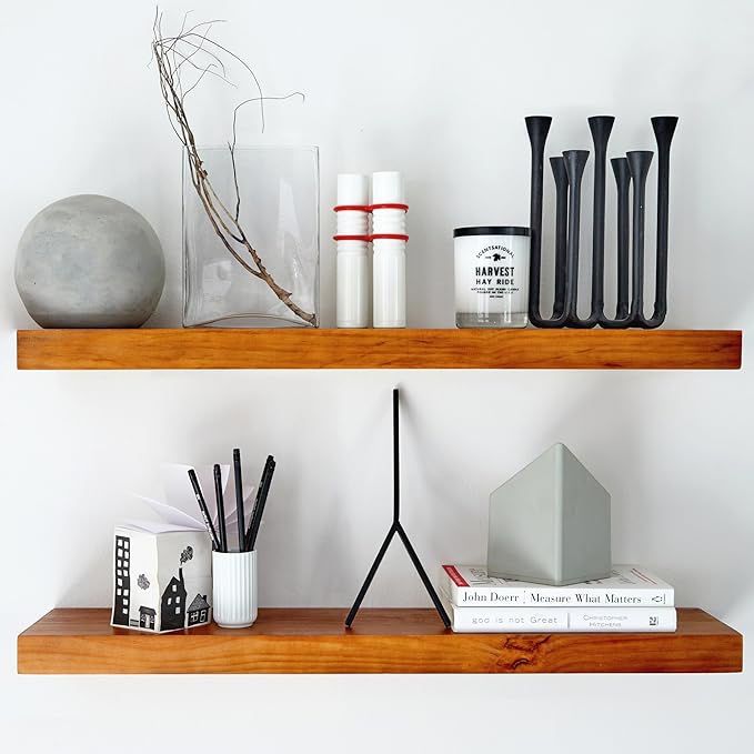 Homeforia Oak Floating Shelves 30 inch Long, High End Solid Real Wood 30inch Floating Shelves for Wall Mounted, Honey Oak Wooden 30in Floating Shelf, Heavy Duty Bracket, 30 X 6.5 X 1.75 in, Set of 4