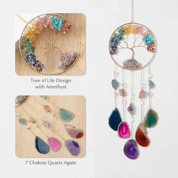 Large Rainbow 5 Agates Gemstone Dream Catcher Tree of Life Chakra Dream Catchers with Healing Crystal Handmade Muti-Colored Dreamcatcher Wall Decor for Adults Boys Girls,Bedroom,Garden,Bless Gift