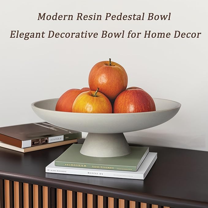 Modern Resin Pedestal Decorative Bowl, Large Fruit Bowl for Kitchen Counter, Stylish Key Bowl for Entryway Table, Grey