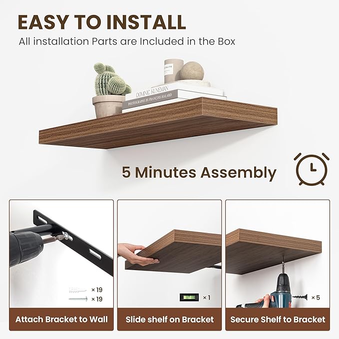 24 Inch Floating Shelves, 12 Inch Deep Floating Shelves for Wall, Floating Shelf with Invisible Brackets, Deep Shelves for Bathroom, Bedroom, Living Room, 2 Pack, Walnut