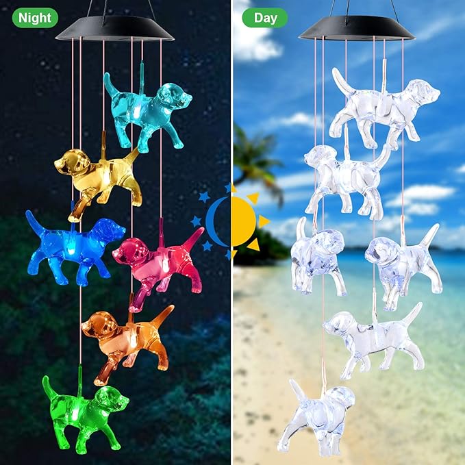 JOBOSI Dog Wind Chimes, Solar Dog Lights for Outside, Gifts for Dogs Lovers, Birthday Gifts for Women, Mom, Ded, Grandma, Garden Lawn Yard Outdoor Decor Mobiles Wind Chime, Dogs Themed Gift