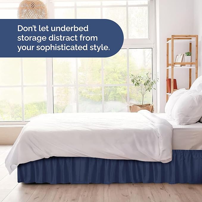 Wrap Around Dust Ruffle Bed Skirt - Navy Blue - for King Size Beds with 12 Inch Drop - Elastic Strap - Adjustable Pleated Bedskirt with Brushed Fabric and Wrinkle Free - for Women, Men, Kids & Teens