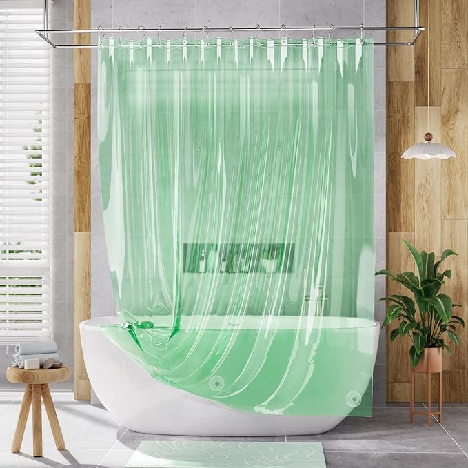 AmazerBath Shower Curtain Liner, 72x72 Transparent Mint Green Shower Liner, Lightweight Plastic Shower Curtain Liners, Waterproof Shower Liner for Bathroom with 3 Magnets and 12 Grommet Holes
