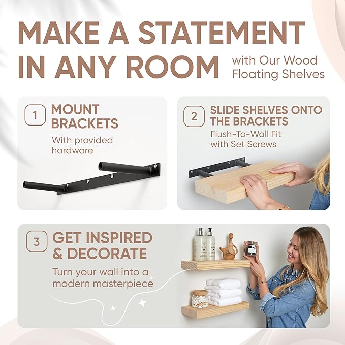 Homeforia Wood Floating Shelf 16 inch, High End Solid Natural Wood 16inch Floating Shelves for Wall Mounted, Unfinished Wooden Small Floating Shelves, Heavy Duty Bracket, 16 X 6.5 X 1.75 in, Set of 2