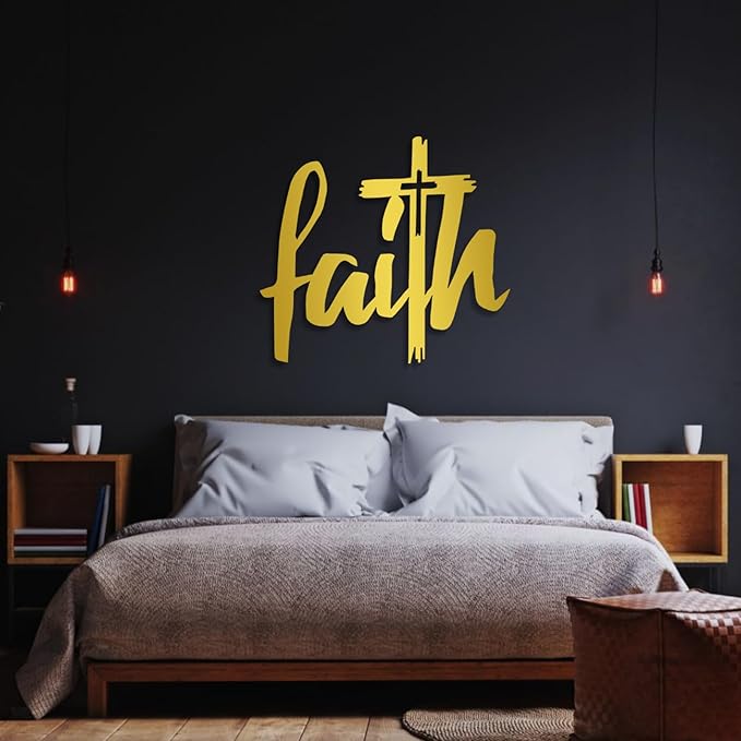Faith Cross Metal Wall Sign, Faith Metal Wall Decor, Christian Cross Wall Decor, Religious Art Wall Decor, Spiritual Wall Art, Metal Wall Art, Wall Decor for Living room, Church (43"x39" | 110x100cm, Gold)