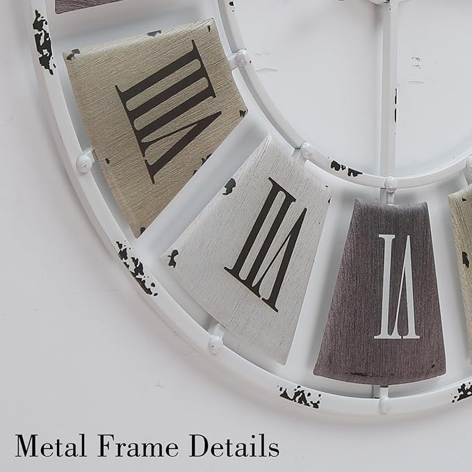 Distressed Metal Wall Clock 32 Inch, Industrial Vintage Roman Numerals, Weathered Iron Frame Farmhouse Office Cafe Decor