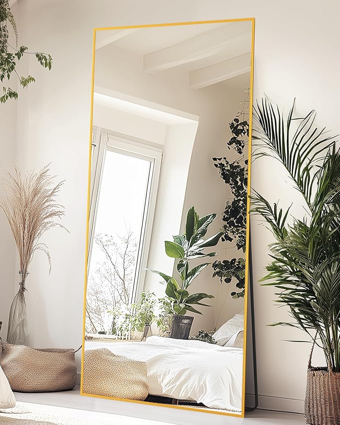 Full-Length Floor Mirror with Stand, 58"x18" Rectangle Style Full Body Standing Mirror for Bedroom, Living Room, Gym, Dorm - Shatter-Resistant & Easy Assembly, Gold