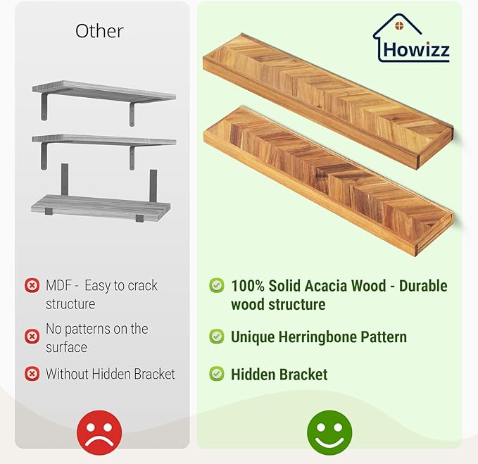 24" Acacia Chevron Floating Shelves Set of 2 - Wall Mounted Wooden Shelf for Stylish Home Décor - Natural Color - 24x6.7x1.5 Inches