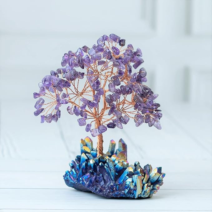 Amethyst Crystal Tree with Rainbow Titanium Cluster Base Tree of Life Decor for Shelf, Bedroom, Birthday Gifts for Women, Sister Birthday Gift for Mom, Cute Home Purple Decor Present