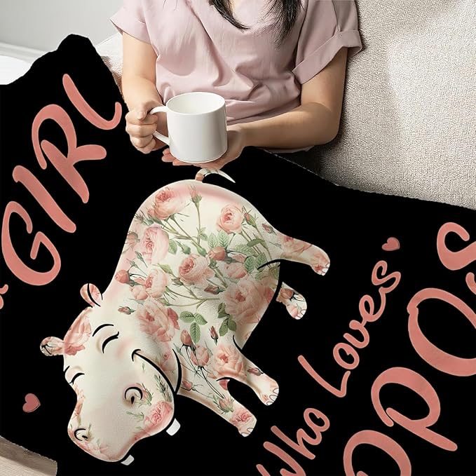 Hippo Blanket for Girls Women Just A Girl Who Loves Hippos Gifts Throw Blanket Lightweight Fuzzy Cozy Plush Flannel Fleece Blankets for Bed Decor 50"x60"