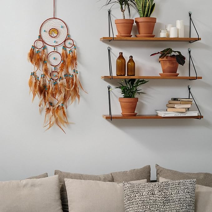 Pretty Jolly Brown Feather Dream Catchers Wall Decor with Chakras Tree of Life Crystal Stone Ornament Handmade Dreamcatchers for Adult Boys Girls Bedroom Dorm Party Birthday Blessing Gift-5Rings