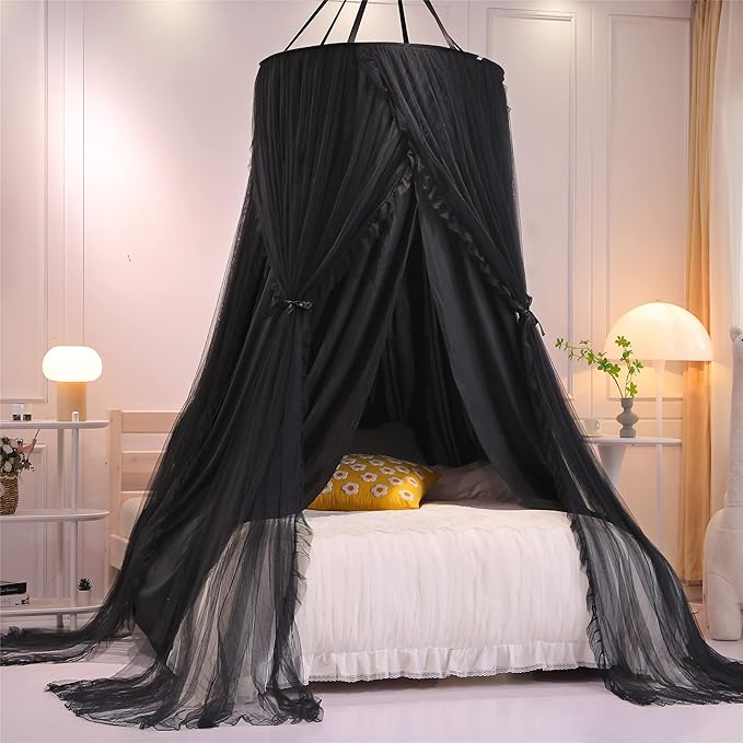 VETHIN Double Layer Princess Round Dome Canopy Bed Curtain for Girls Adults,Children Dreamy Mosquito Net,Cute Bedroom Decoration Castle Play Tent Reading Nook Canopies(Dome-Double Black)