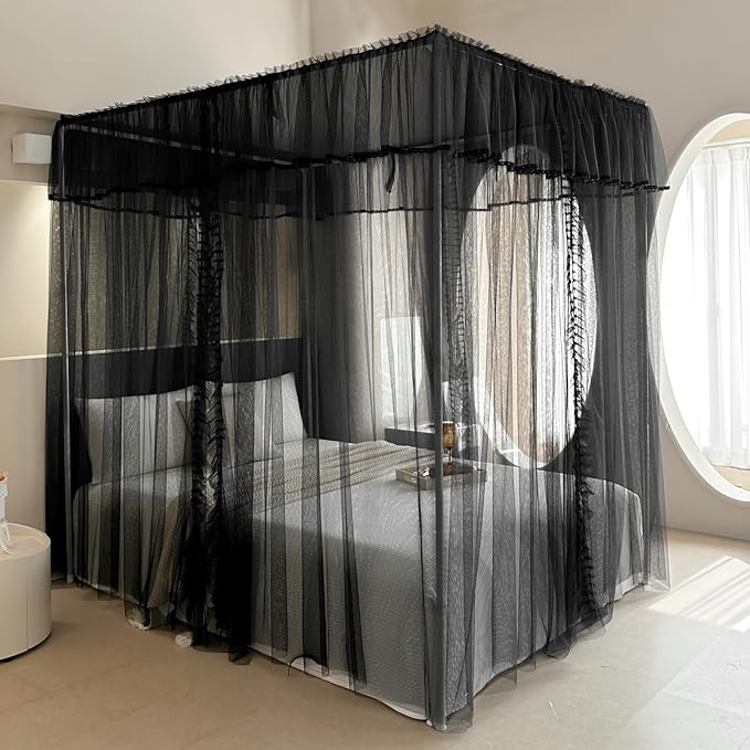 AIKASY 4 Corners Post Ruffle Princess Bed Canopy Curtain - Double Layer Cozy Drape Netting with 4 Openings - Elegant Mosquito Net for Girls and Adults Bedroom Decoration (Black, Queen)