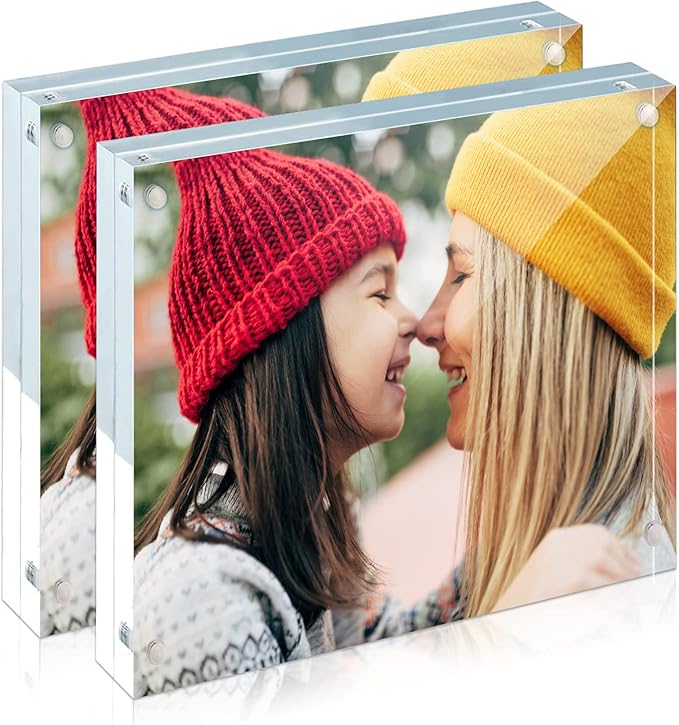 ILYXY 2 Pack Acrylic Frame 4x4, 20% Thicker, 20mm Thick Frameless Clear Picture Frame, Double Sided Magnetic Photo Frame, Free Standing Desktop Display Stand Acrylic Picture Frames