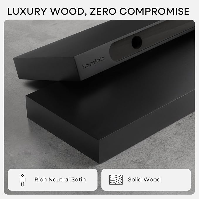 Homeforia Black Floating Shelves 36 inches Long, High End Solid Real Wood 36 inch Floating Shelf for Wall Mounted, Black Wooden 36in Floating Shelves, Heavy Duty Bracket, 36 X 6.5 X 1.75 in, Set of 4
