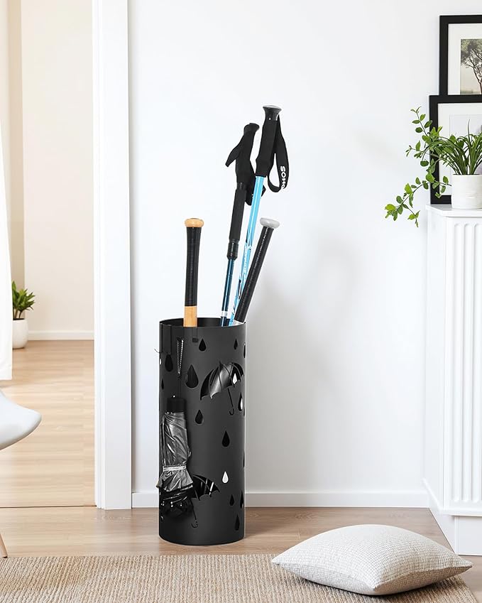 SONGMICS Umbrella Stand, Metal Umbrella Holder for Entryway, with Water Tray and 4 Hooks, 7.7 x 7.7 x 19.3 Inches, Round, Ink Black ULUC23B