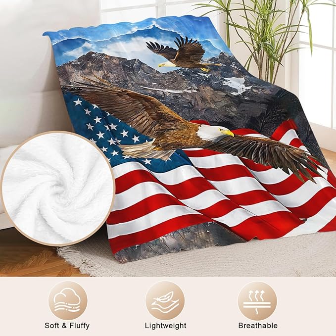 Eagle American Flag Throw Blanket for Boys, Men, Adults, Lovers, Girls, Kids, Women - Soft Warm Plush Fleece Flannel Decor for Couch, Sofa, Bed 40"x50"